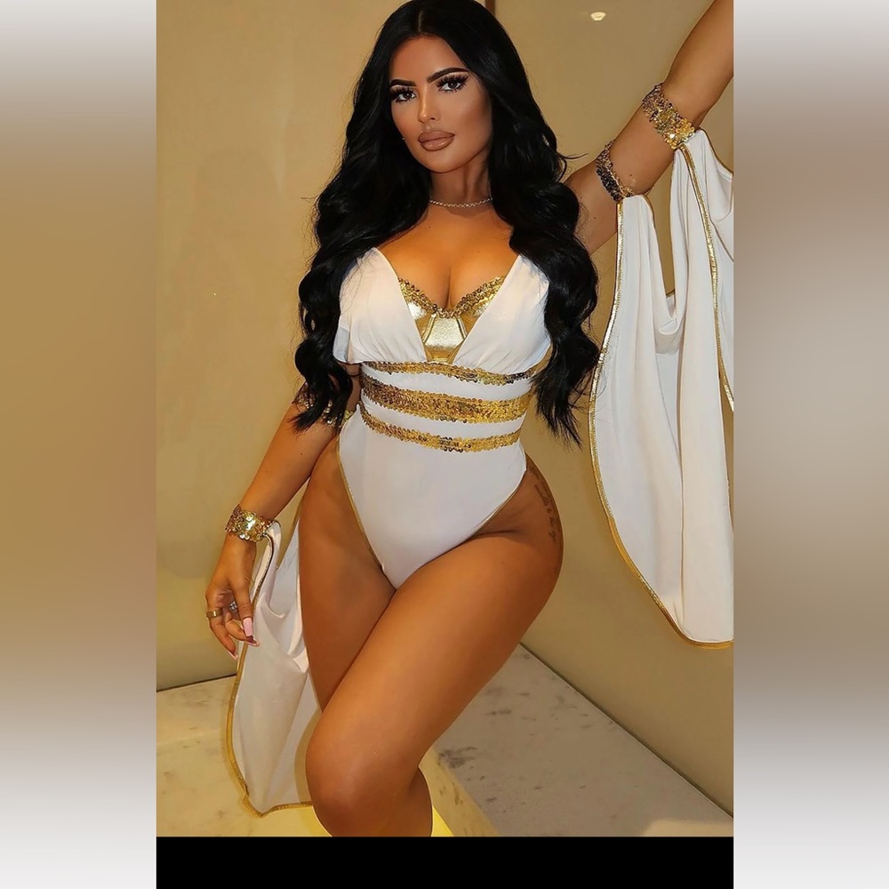 Fashion Nova White and Gold Embellished Bodysuit